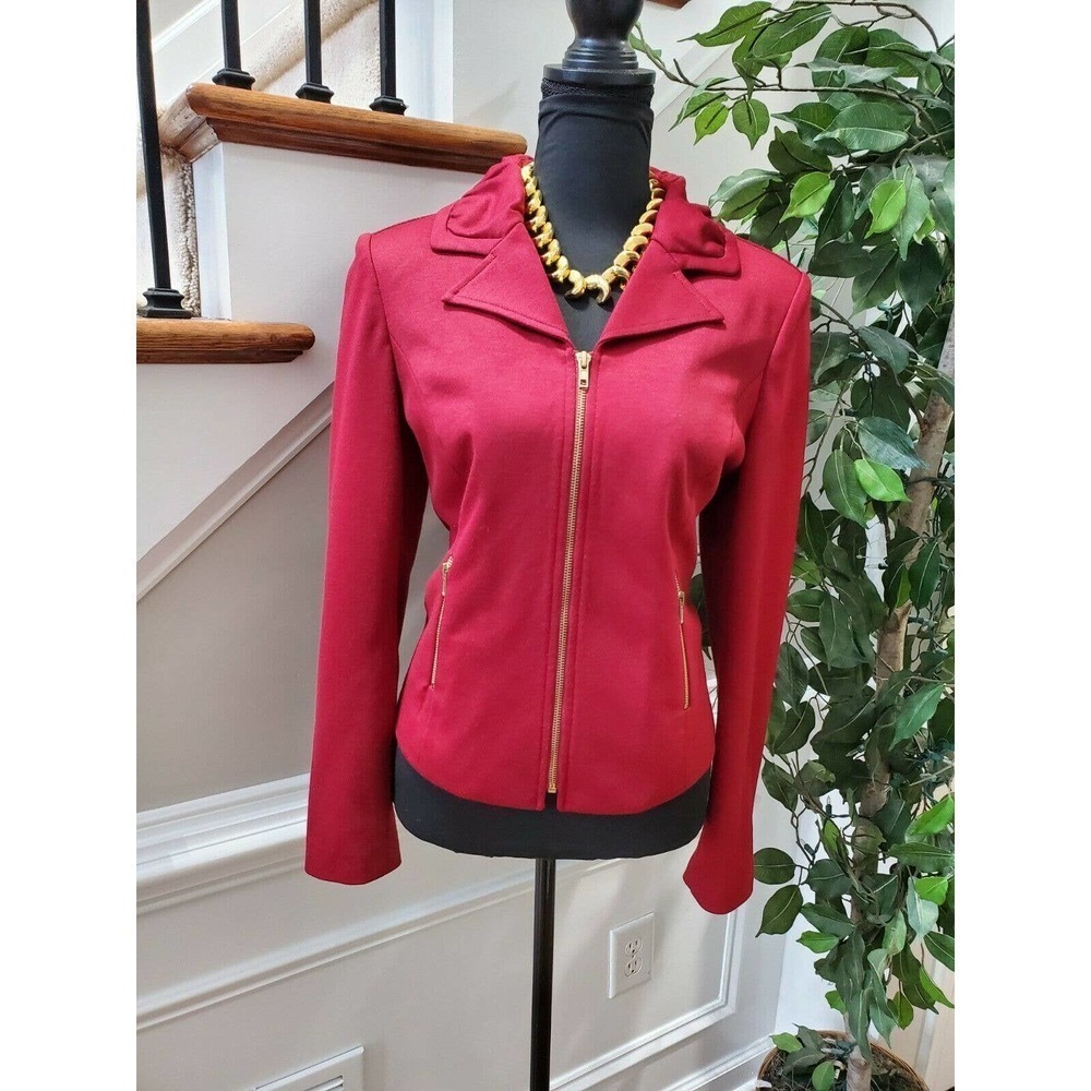 Kate & Rosy Women Solid Red Polyester Long Sleeve Full Zip Front Fitted Jacket M